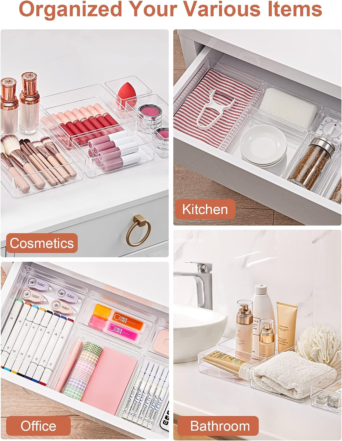 22 PCS Drawer Organizer, 4-Size Desk Bathroom Drawer Organizer