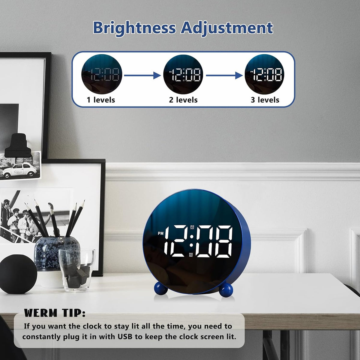 Small Round LED Display Digital Alarm Clock with Double Bell