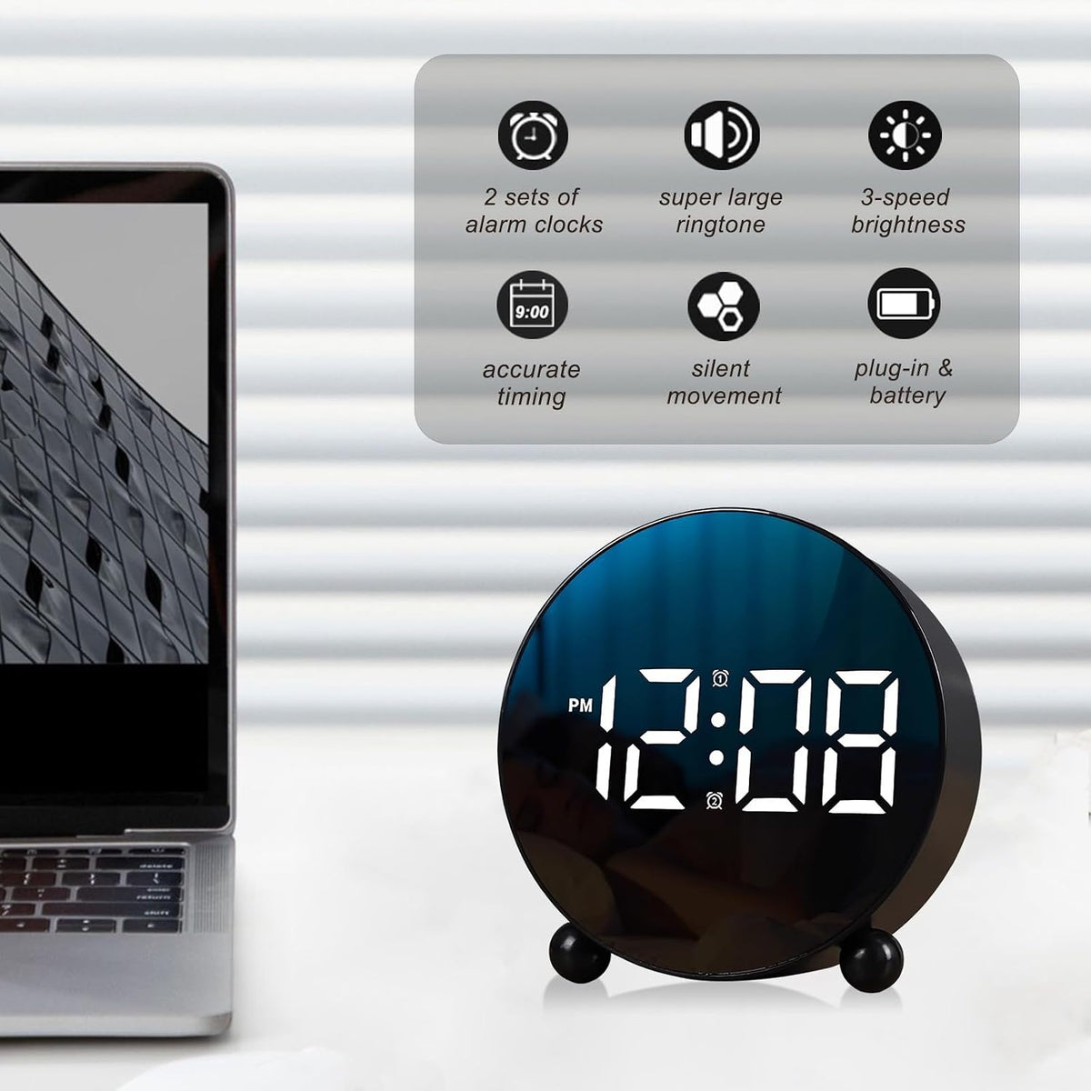 Small Round LED Display Digital Alarm Clock with Double Bell