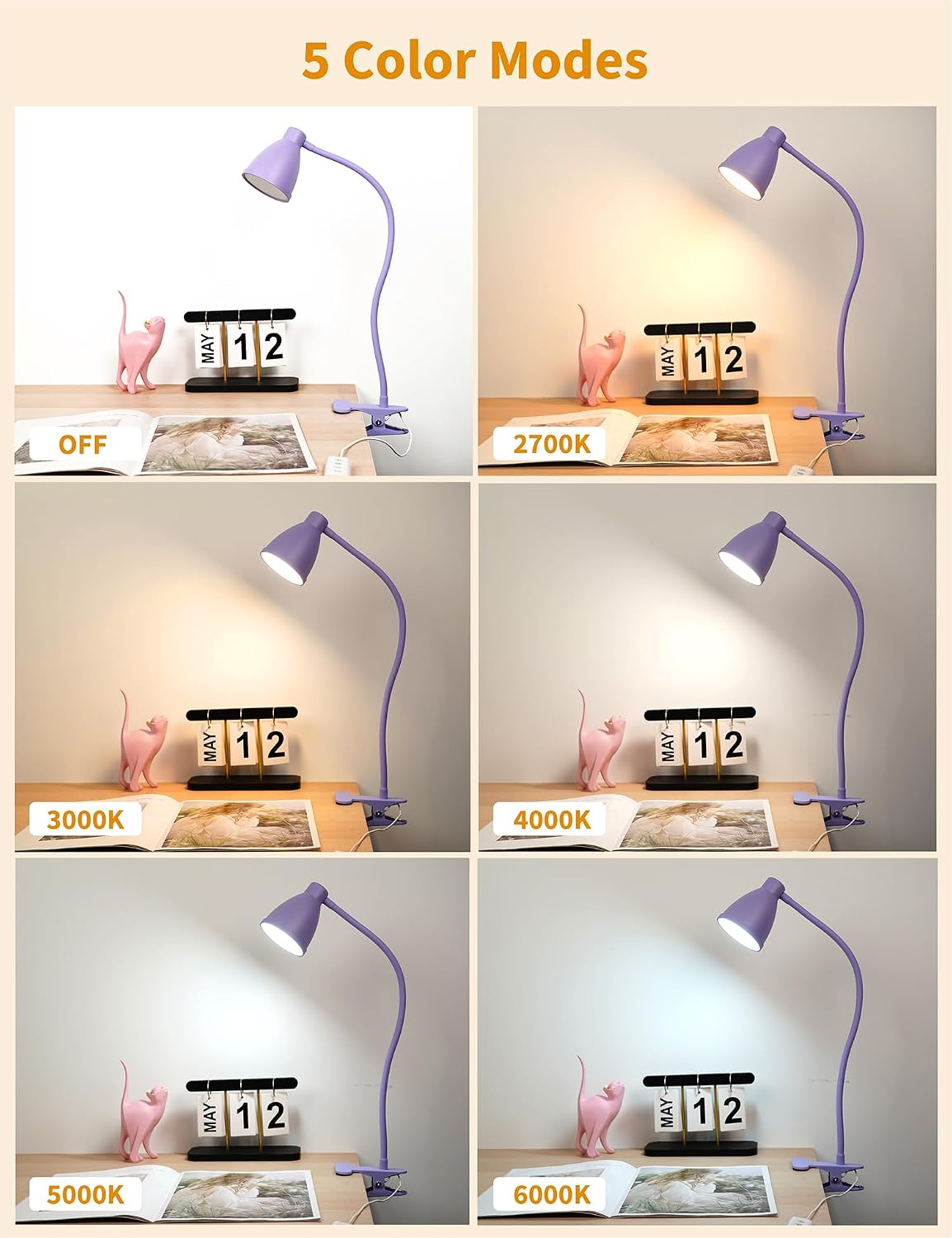 Desk Lamp 5 Color Modes 10 Brightness Dimmer Reading Light Black