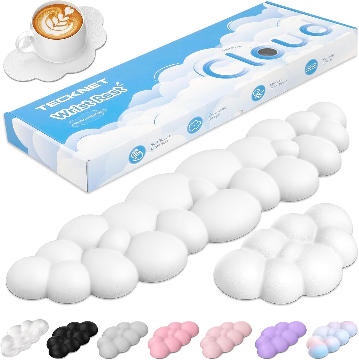 Cloud Keyboard Wrist Rest Set, Cloud Wrist Rest with Non-Slip Base, PU Leather Wrist Pad for Keyboard with Ergonomic Memory Foam for Computer Laptop Office Gaming and Pain Relief, White