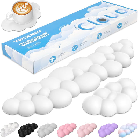 Cloud Keyboard Wrist Rest Set, Cloud Wrist Rest with Non-Slip Base, PU Leather Wrist Pad for Keyboard with Ergonomic Memory Foam for Computer Laptop Office Gaming and Pain Relief, White