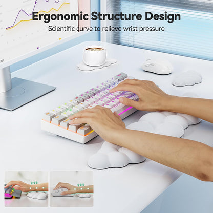 Cloud Keyboard Wrist Rest Set, Cloud Wrist Rest with Non-Slip Base, PU Leather Wrist Pad for Keyboard with Ergonomic Memory Foam for Computer Laptop Office Gaming and Pain Relief, White