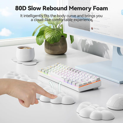 Cloud Keyboard Wrist Rest Set, Cloud Wrist Rest with Non-Slip Base, PU Leather Wrist Pad for Keyboard with Ergonomic Memory Foam for Computer Laptop Office Gaming and Pain Relief, White