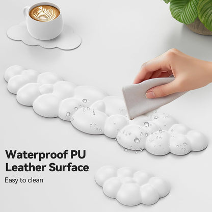 Cloud Keyboard Wrist Rest Set, Cloud Wrist Rest with Non-Slip Base, PU Leather Wrist Pad for Keyboard with Ergonomic Memory Foam for Computer Laptop Office Gaming and Pain Relief, White