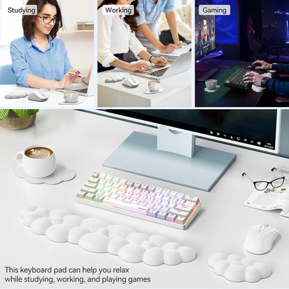 Cloud Keyboard Wrist Rest Set, Cloud Wrist Rest with Non-Slip Base, PU Leather Wrist Pad for Keyboard with Ergonomic Memory Foam for Computer Laptop Office Gaming and Pain Relief, White