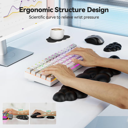 Cloud Keyboard Wrist Rest Set, Cloud Wrist Rest with Non-Slip Base, PU Leather Wrist Pad for Keyboard with Ergonomic Memory Foam for Computer Laptop Office Gaming and Pain Relief, White