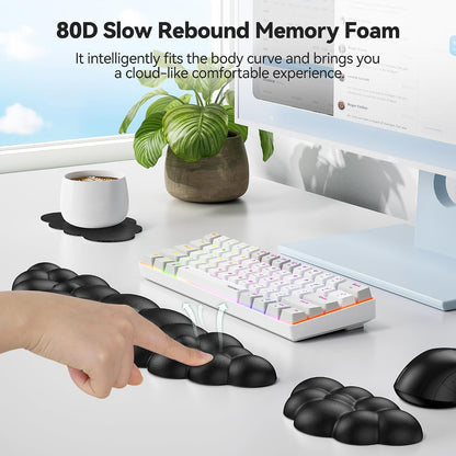 Cloud Keyboard Wrist Rest Set, Cloud Wrist Rest with Non-Slip Base, PU Leather Wrist Pad for Keyboard with Ergonomic Memory Foam for Computer Laptop Office Gaming and Pain Relief, White