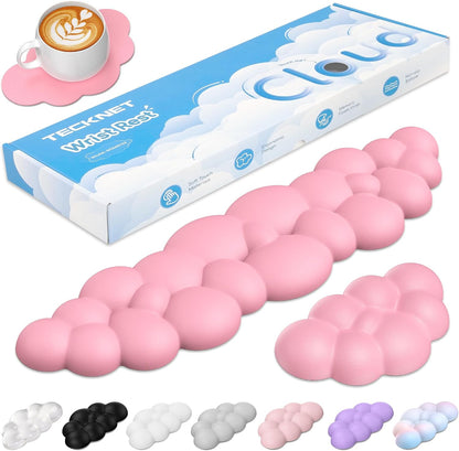 Cloud Keyboard Wrist Rest Set, Cloud Wrist Rest with Non-Slip Base, PU Leather Wrist Pad for Keyboard with Ergonomic Memory Foam for Computer Laptop Office Gaming and Pain Relief, White