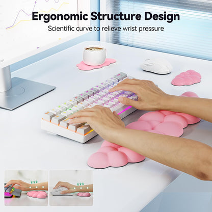 Cloud Keyboard Wrist Rest Set, Cloud Wrist Rest with Non-Slip Base, PU Leather Wrist Pad for Keyboard with Ergonomic Memory Foam for Computer Laptop Office Gaming and Pain Relief, White