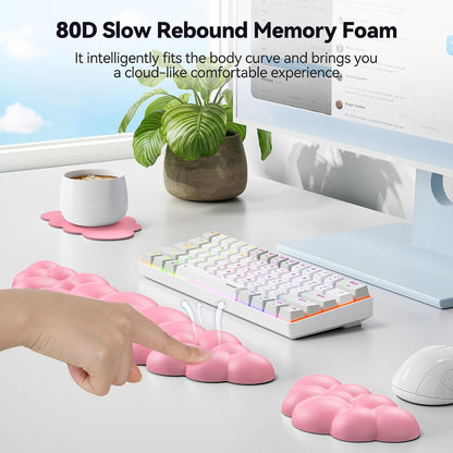 Cloud Keyboard Wrist Rest Set, Cloud Wrist Rest with Non-Slip Base, PU Leather Wrist Pad for Keyboard with Ergonomic Memory Foam for Computer Laptop Office Gaming and Pain Relief, White