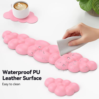 Cloud Keyboard Wrist Rest Set, Cloud Wrist Rest with Non-Slip Base, PU Leather Wrist Pad for Keyboard with Ergonomic Memory Foam for Computer Laptop Office Gaming and Pain Relief, White