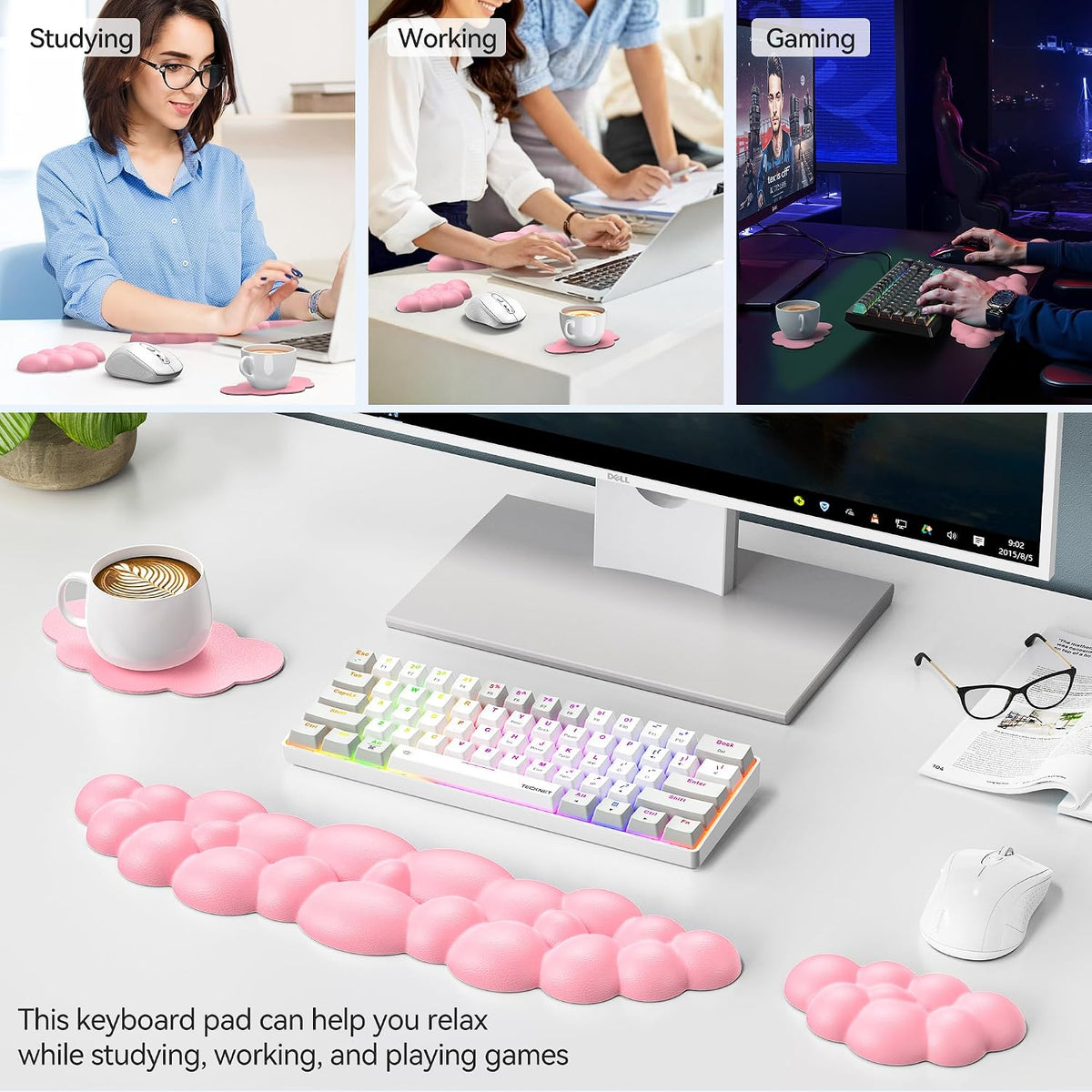 Cloud Keyboard Wrist Rest Set, Cloud Wrist Rest with Non-Slip Base, PU Leather Wrist Pad for Keyboard with Ergonomic Memory Foam for Computer Laptop Office Gaming and Pain Relief, White