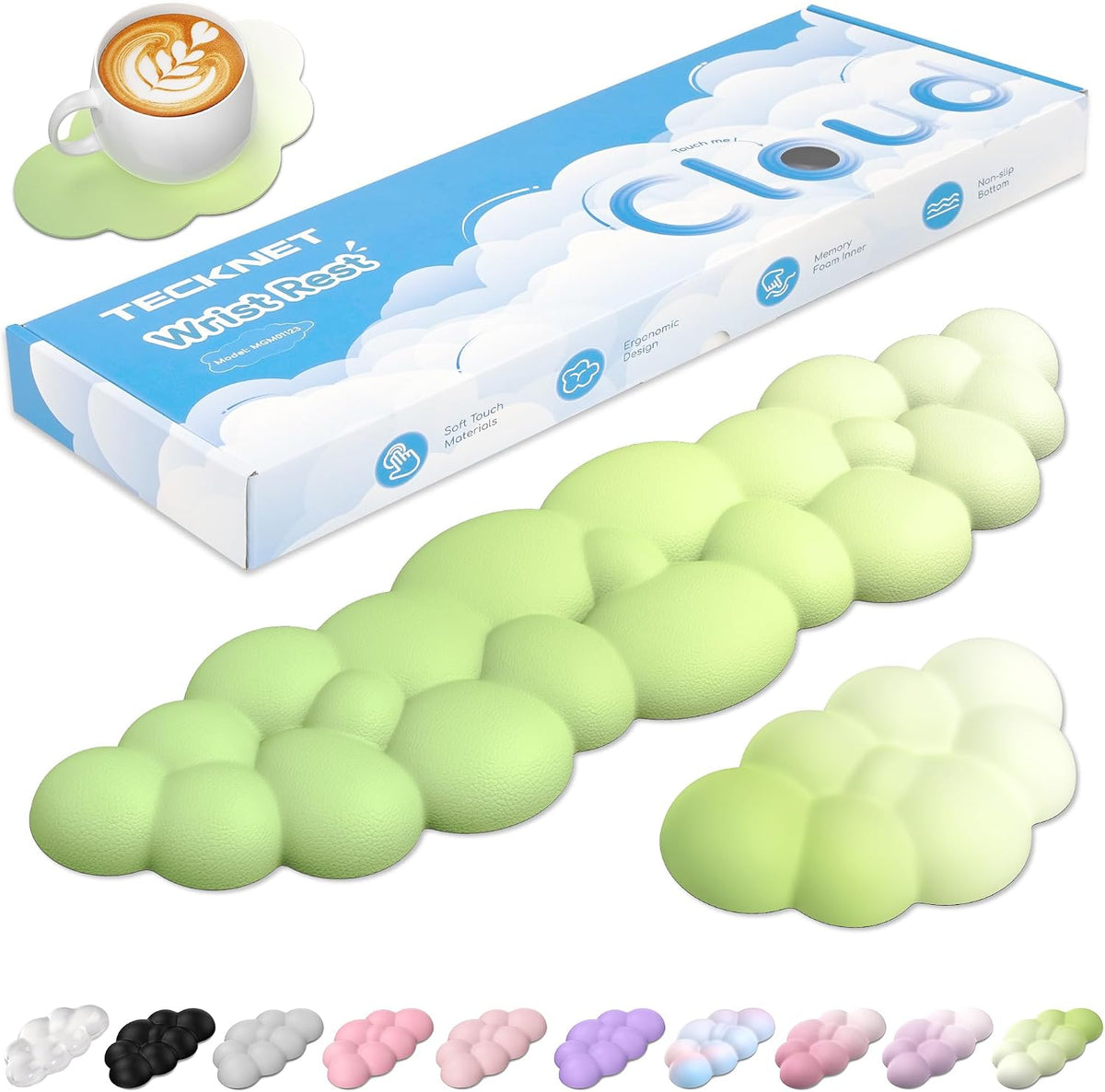 Cloud Keyboard Wrist Rest Set, Cloud Wrist Rest with Non-Slip Base, PU Leather Wrist Pad for Keyboard with Ergonomic Memory Foam for Computer Laptop Office Gaming and Pain Relief, White