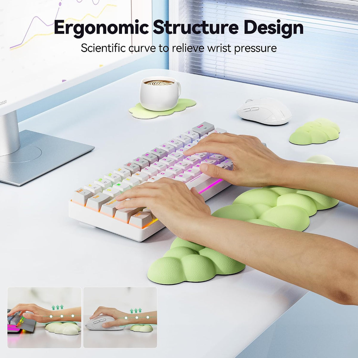 Cloud Keyboard Wrist Rest Set, Cloud Wrist Rest with Non-Slip Base, PU Leather Wrist Pad for Keyboard with Ergonomic Memory Foam for Computer Laptop Office Gaming and Pain Relief, White