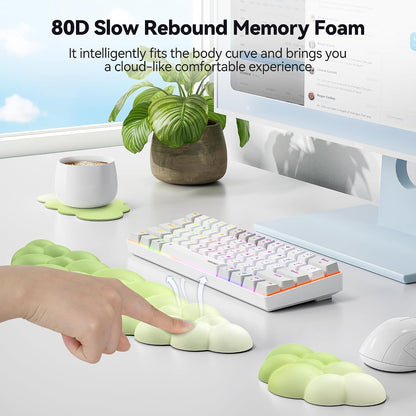 Cloud Keyboard Wrist Rest Set, Cloud Wrist Rest with Non-Slip Base, PU Leather Wrist Pad for Keyboard with Ergonomic Memory Foam for Computer Laptop Office Gaming and Pain Relief, White