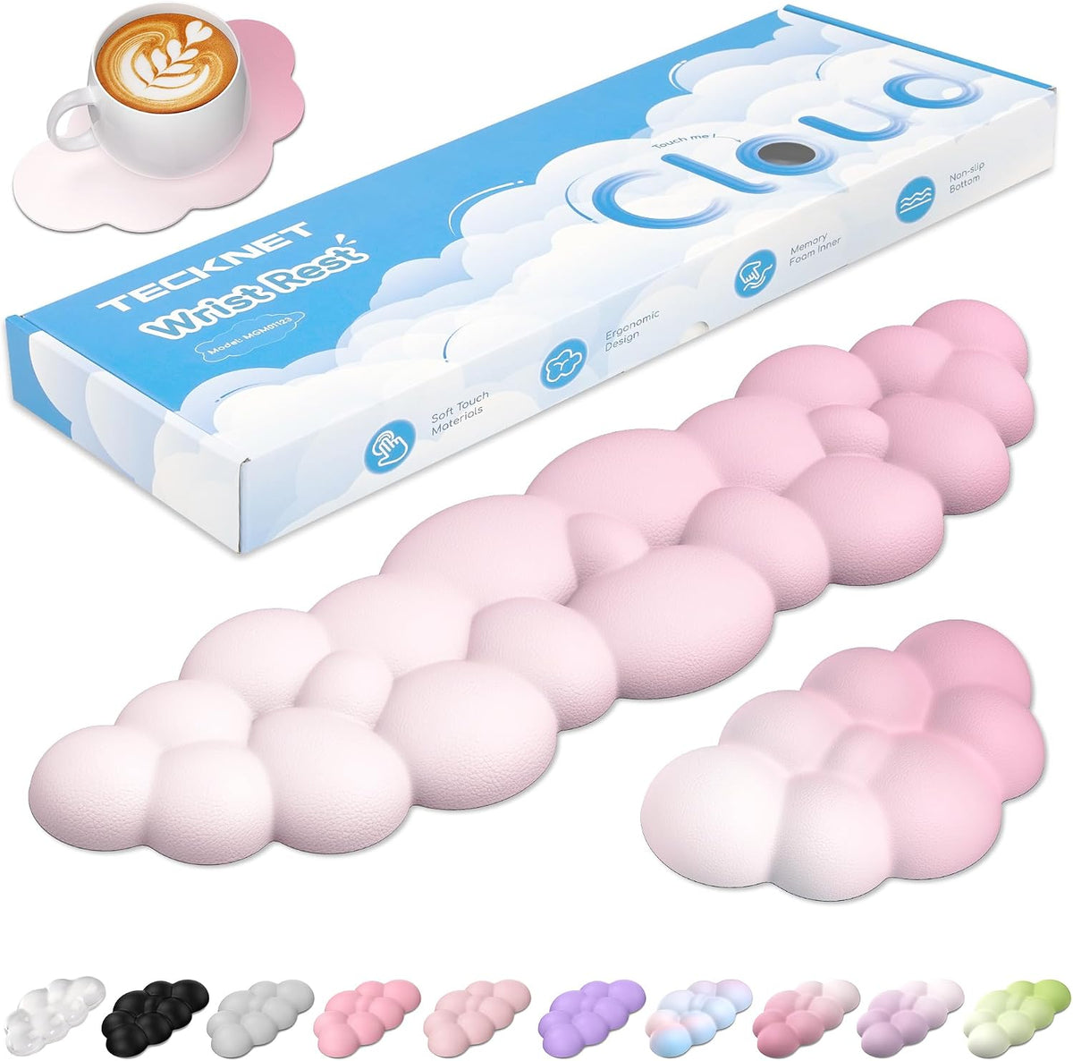 Cloud Keyboard Wrist Rest Set, Cloud Wrist Rest with Non-Slip Base, PU Leather Wrist Pad for Keyboard with Ergonomic Memory Foam for Computer Laptop Office Gaming and Pain Relief, White