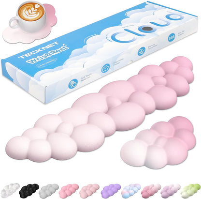 Cloud Keyboard Wrist Rest Set, Cloud Wrist Rest with Non-Slip Base, PU Leather Wrist Pad for Keyboard with Ergonomic Memory Foam for Computer Laptop Office Gaming and Pain Relief, White