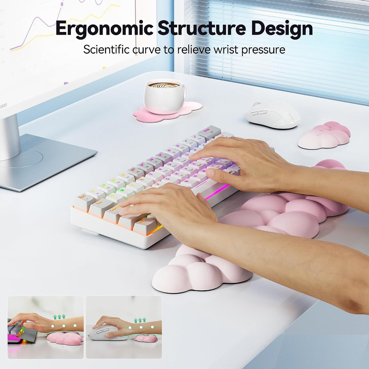 Cloud Keyboard Wrist Rest Set, Cloud Wrist Rest with Non-Slip Base, PU Leather Wrist Pad for Keyboard with Ergonomic Memory Foam for Computer Laptop Office Gaming and Pain Relief, White