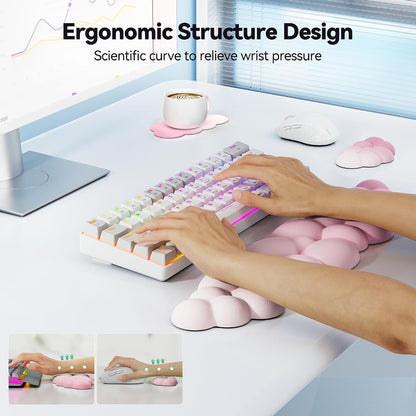 Cloud Keyboard Wrist Rest Set, Cloud Wrist Rest with Non-Slip Base, PU Leather Wrist Pad for Keyboard with Ergonomic Memory Foam for Computer Laptop Office Gaming and Pain Relief, White