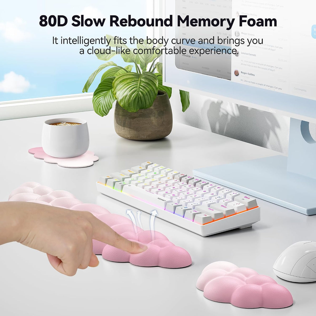 Cloud Keyboard Wrist Rest Set, Cloud Wrist Rest with Non-Slip Base, PU Leather Wrist Pad for Keyboard with Ergonomic Memory Foam for Computer Laptop Office Gaming and Pain Relief, White
