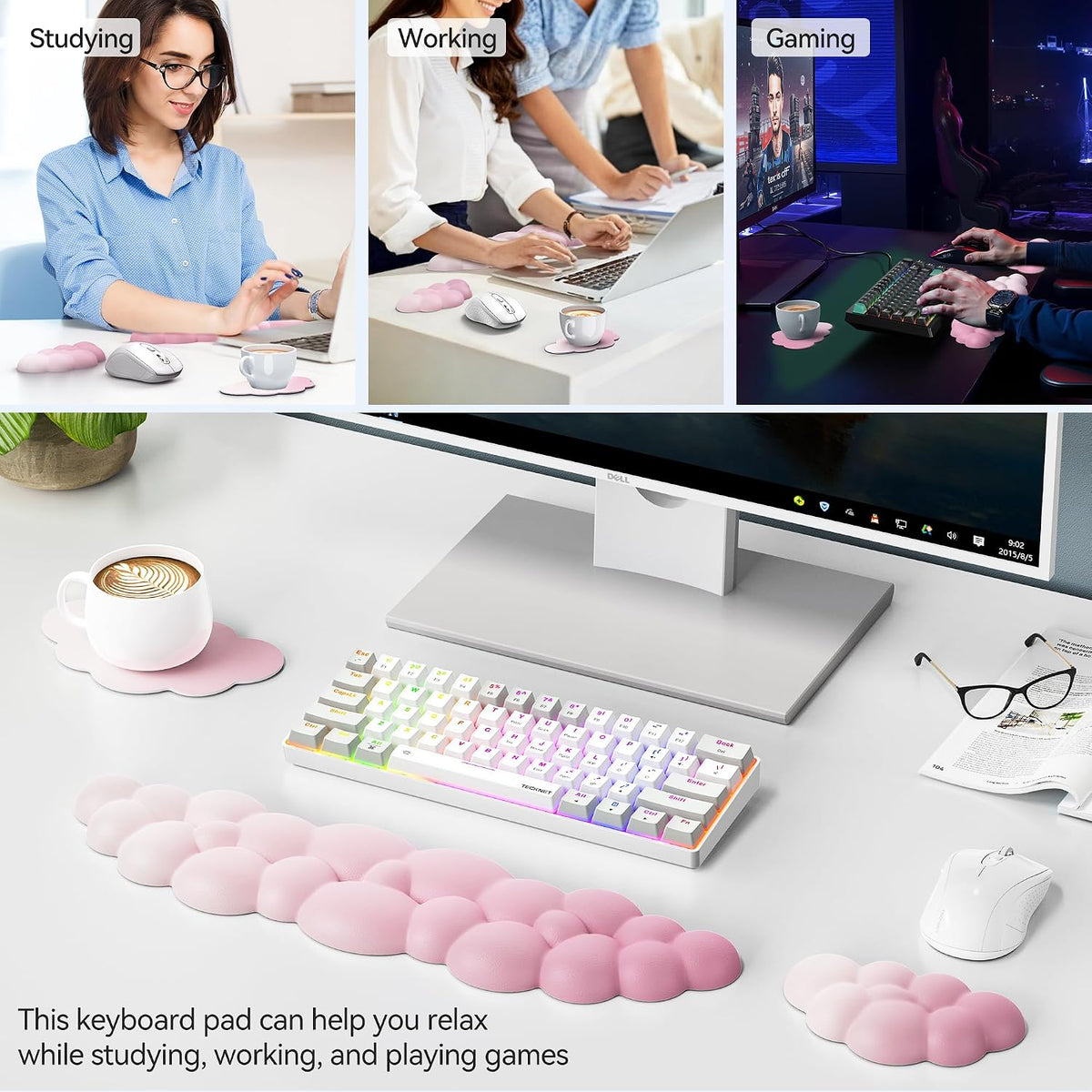 Cloud Keyboard Wrist Rest Set, Cloud Wrist Rest with Non-Slip Base, PU Leather Wrist Pad for Keyboard with Ergonomic Memory Foam for Computer Laptop Office Gaming and Pain Relief, White