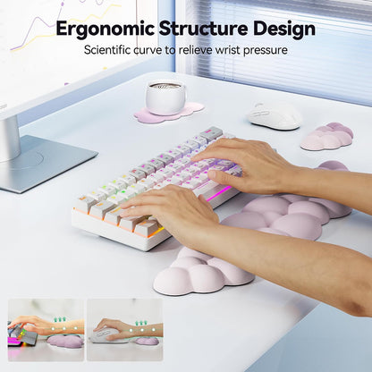 Cloud Keyboard Wrist Rest Set, Cloud Wrist Rest with Non-Slip Base, PU Leather Wrist Pad for Keyboard with Ergonomic Memory Foam for Computer Laptop Office Gaming and Pain Relief, White