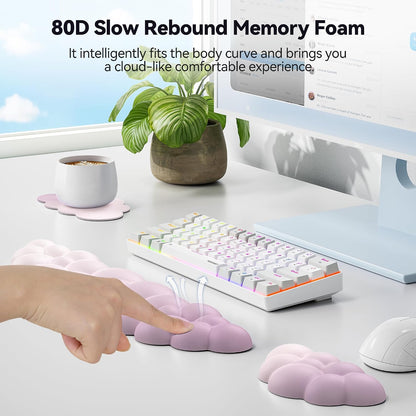 Cloud Keyboard Wrist Rest Set, Cloud Wrist Rest with Non-Slip Base, PU Leather Wrist Pad for Keyboard with Ergonomic Memory Foam for Computer Laptop Office Gaming and Pain Relief, White