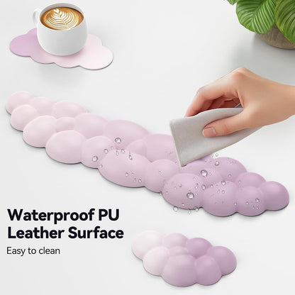 Cloud Keyboard Wrist Rest Set, Cloud Wrist Rest with Non-Slip Base, PU Leather Wrist Pad for Keyboard with Ergonomic Memory Foam for Computer Laptop Office Gaming and Pain Relief, White