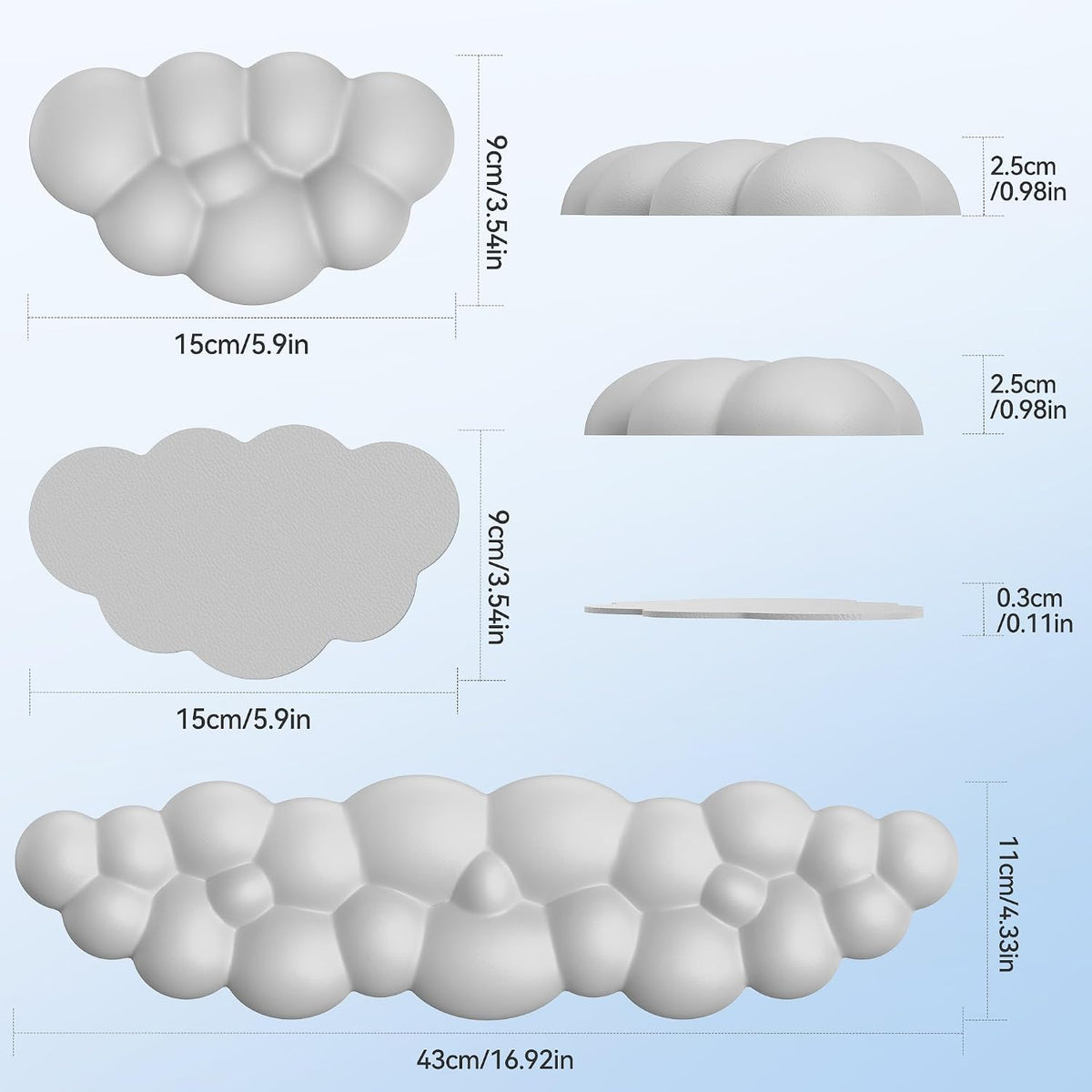 Cloud Keyboard Wrist Rest Set, Cloud Wrist Rest with Non-Slip Base, PU Leather Wrist Pad for Keyboard with Ergonomic Memory Foam for Computer Laptop Office Gaming and Pain Relief, White