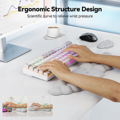 Cloud Keyboard Wrist Rest Set, Cloud Wrist Rest with Non-Slip Base, PU Leather Wrist Pad for Keyboard with Ergonomic Memory Foam for Computer Laptop Office Gaming and Pain Relief, White