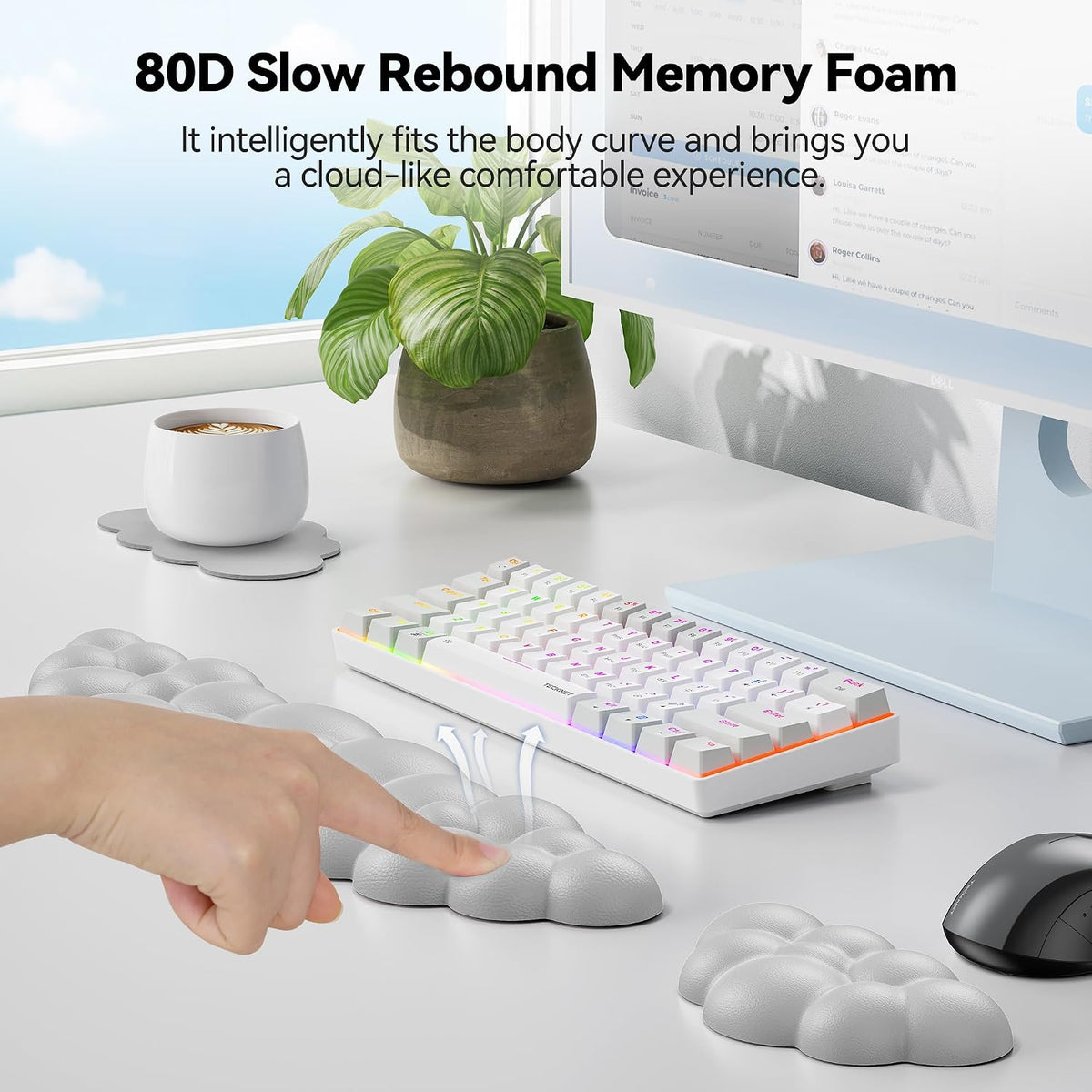 Cloud Keyboard Wrist Rest Set, Cloud Wrist Rest with Non-Slip Base, PU Leather Wrist Pad for Keyboard with Ergonomic Memory Foam for Computer Laptop Office Gaming and Pain Relief, White