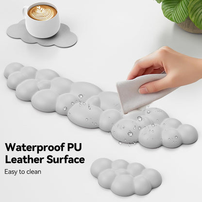 Cloud Keyboard Wrist Rest Set, Cloud Wrist Rest with Non-Slip Base, PU Leather Wrist Pad for Keyboard with Ergonomic Memory Foam for Computer Laptop Office Gaming and Pain Relief, White