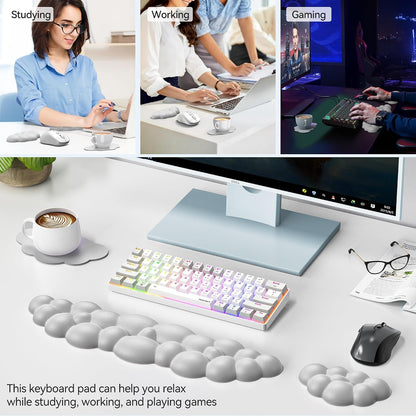 Cloud Keyboard Wrist Rest Set, Cloud Wrist Rest with Non-Slip Base, PU Leather Wrist Pad for Keyboard with Ergonomic Memory Foam for Computer Laptop Office Gaming and Pain Relief, White