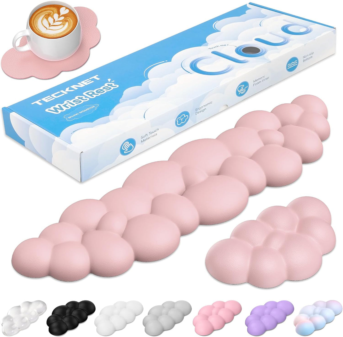 Cloud Keyboard Wrist Rest Set, Cloud Wrist Rest with Non-Slip Base, PU Leather Wrist Pad for Keyboard with Ergonomic Memory Foam for Computer Laptop Office Gaming and Pain Relief, White