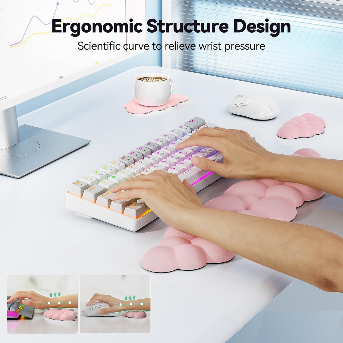 Cloud Keyboard Wrist Rest Set, Cloud Wrist Rest with Non-Slip Base, PU Leather Wrist Pad for Keyboard with Ergonomic Memory Foam for Computer Laptop Office Gaming and Pain Relief, White