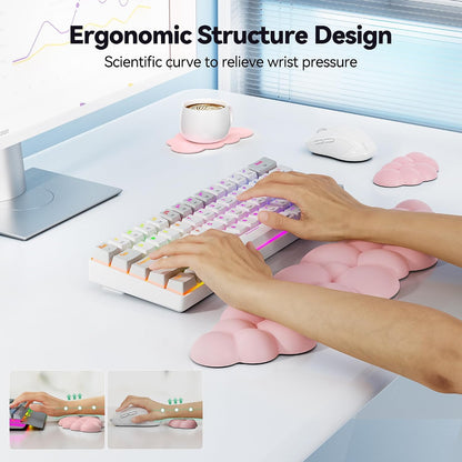 Cloud Keyboard Wrist Rest Set, Cloud Wrist Rest with Non-Slip Base, PU Leather Wrist Pad for Keyboard with Ergonomic Memory Foam for Computer Laptop Office Gaming and Pain Relief, White