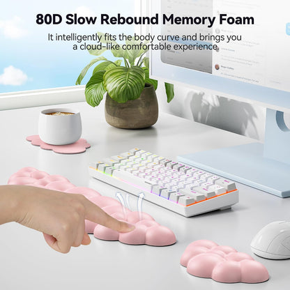 Cloud Keyboard Wrist Rest Set, Cloud Wrist Rest with Non-Slip Base, PU Leather Wrist Pad for Keyboard with Ergonomic Memory Foam for Computer Laptop Office Gaming and Pain Relief, White