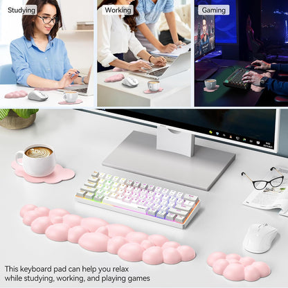 Cloud Keyboard Wrist Rest Set, Cloud Wrist Rest with Non-Slip Base, PU Leather Wrist Pad for Keyboard with Ergonomic Memory Foam for Computer Laptop Office Gaming and Pain Relief, White