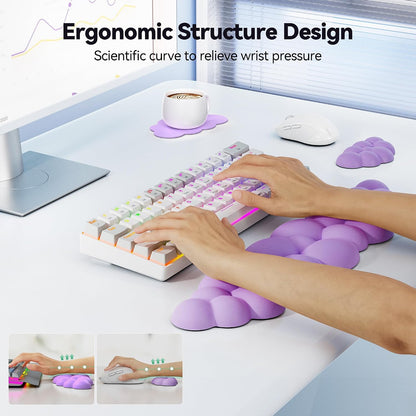Cloud Keyboard Wrist Rest Set, Cloud Wrist Rest with Non-Slip Base, PU Leather Wrist Pad for Keyboard with Ergonomic Memory Foam for Computer Laptop Office Gaming and Pain Relief, White