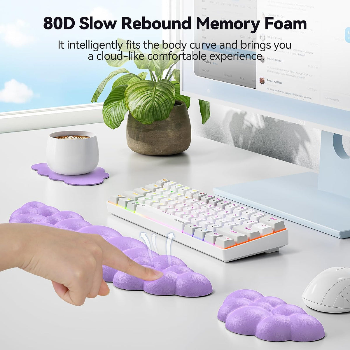 Cloud Keyboard Wrist Rest Set, Cloud Wrist Rest with Non-Slip Base, PU Leather Wrist Pad for Keyboard with Ergonomic Memory Foam for Computer Laptop Office Gaming and Pain Relief, White