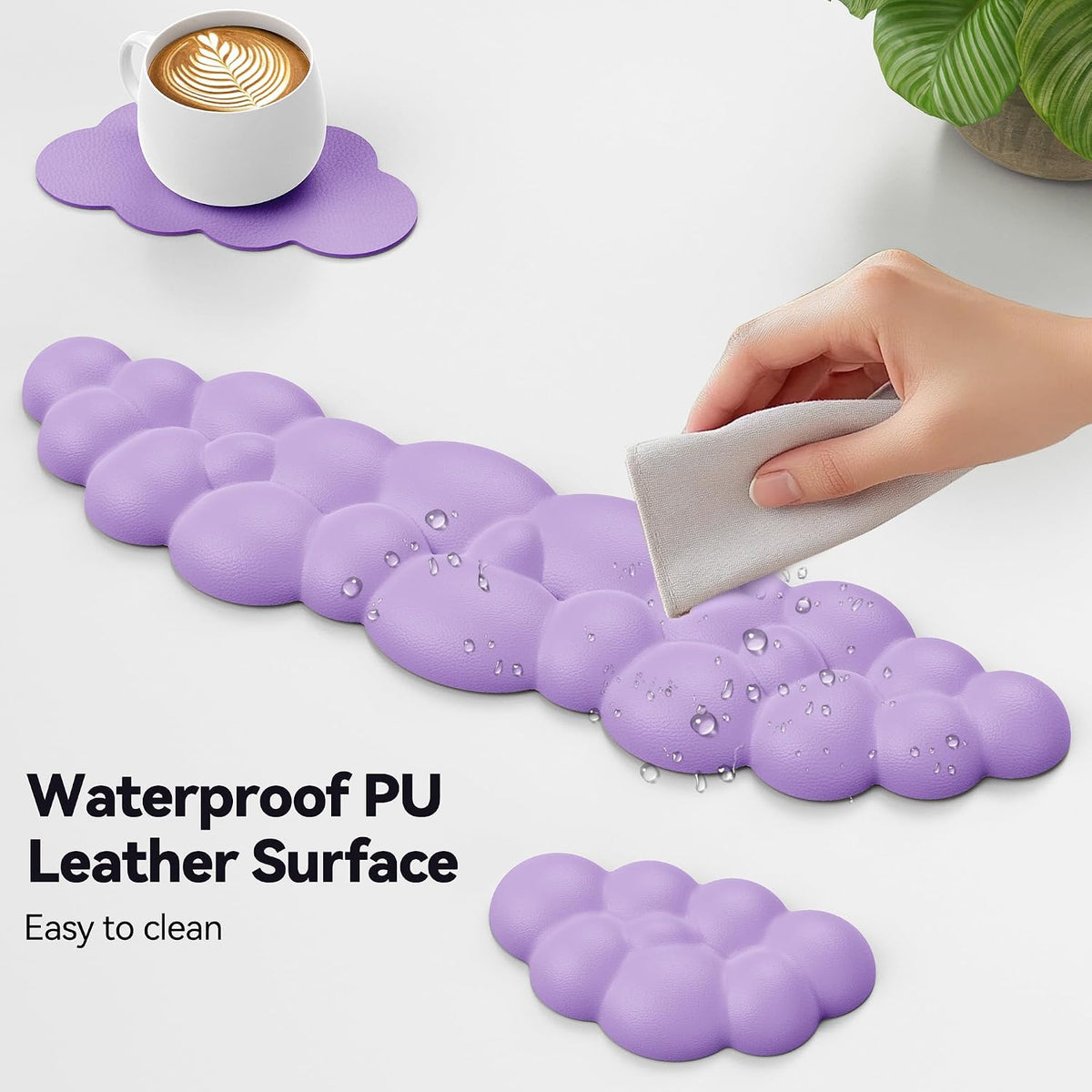 Cloud Keyboard Wrist Rest Set, Cloud Wrist Rest with Non-Slip Base, PU Leather Wrist Pad for Keyboard with Ergonomic Memory Foam for Computer Laptop Office Gaming and Pain Relief, White