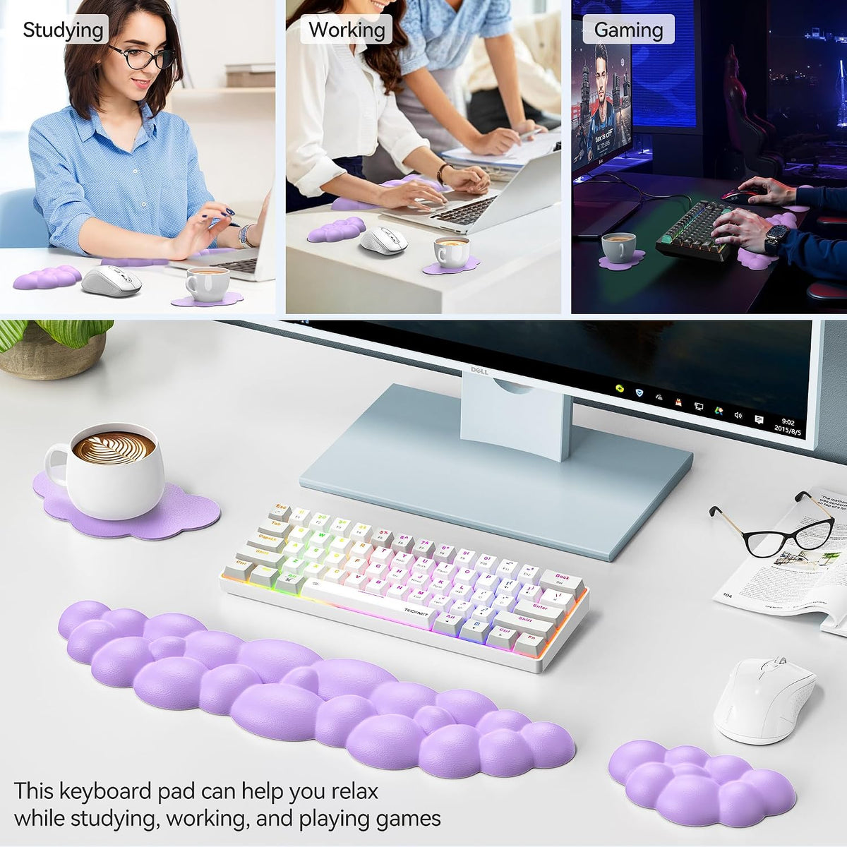 Cloud Keyboard Wrist Rest Set, Cloud Wrist Rest with Non-Slip Base, PU Leather Wrist Pad for Keyboard with Ergonomic Memory Foam for Computer Laptop Office Gaming and Pain Relief, White
