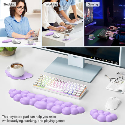 Cloud Keyboard Wrist Rest Set, Cloud Wrist Rest with Non-Slip Base, PU Leather Wrist Pad for Keyboard with Ergonomic Memory Foam for Computer Laptop Office Gaming and Pain Relief, White