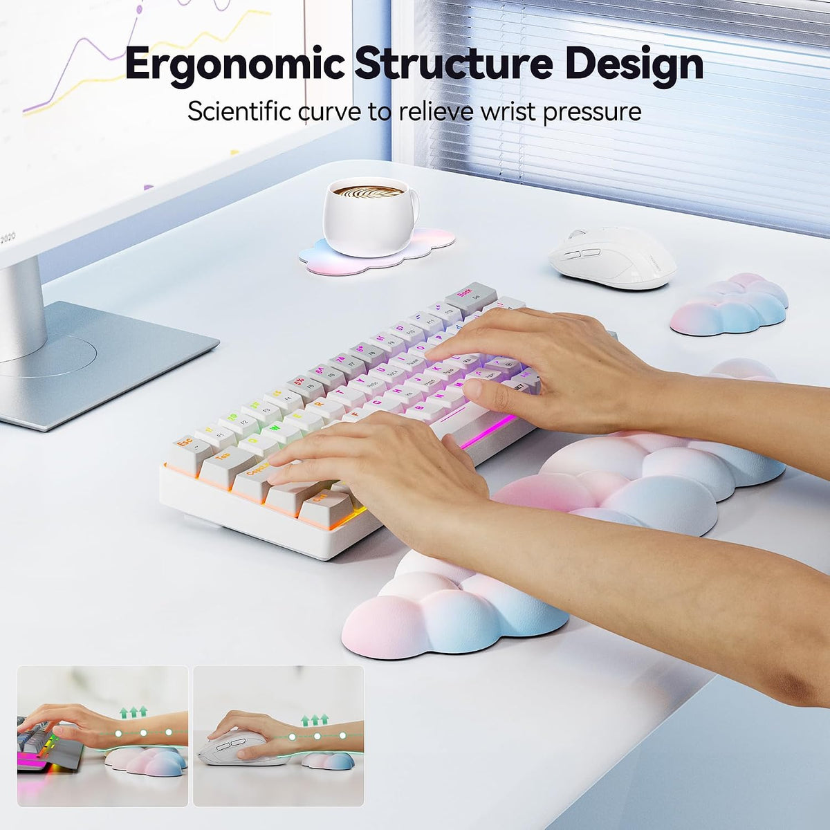 Cloud Keyboard Wrist Rest Set, Cloud Wrist Rest with Non-Slip Base, PU Leather Wrist Pad for Keyboard with Ergonomic Memory Foam for Computer Laptop Office Gaming and Pain Relief, White