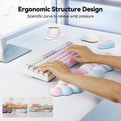 Cloud Keyboard Wrist Rest Set, Cloud Wrist Rest with Non-Slip Base, PU Leather Wrist Pad for Keyboard with Ergonomic Memory Foam for Computer Laptop Office Gaming and Pain Relief, White