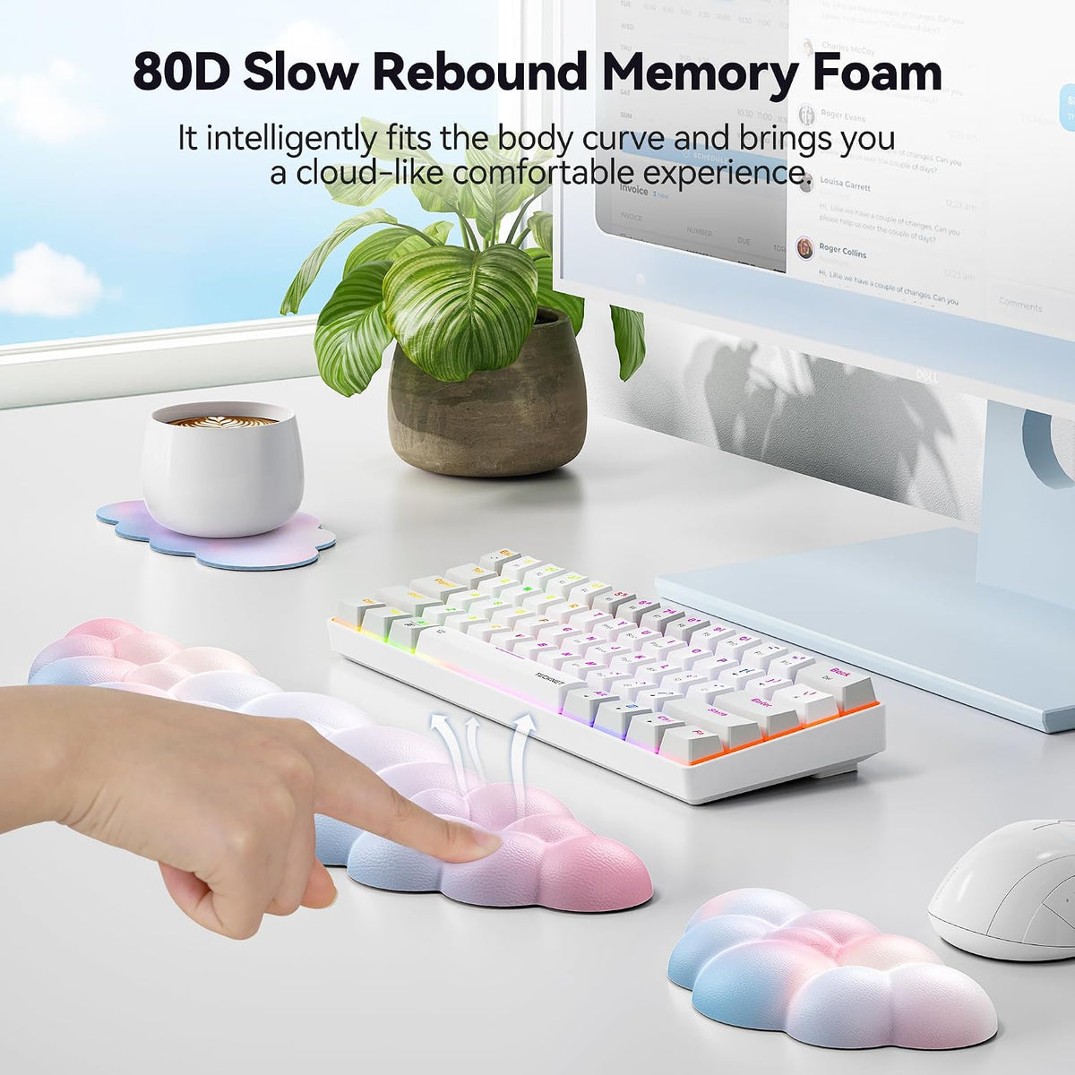 Cloud Keyboard Wrist Rest Set, Cloud Wrist Rest with Non-Slip Base, PU Leather Wrist Pad for Keyboard with Ergonomic Memory Foam for Computer Laptop Office Gaming and Pain Relief, White
