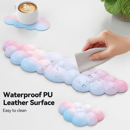 Cloud Keyboard Wrist Rest Set, Cloud Wrist Rest with Non-Slip Base, PU Leather Wrist Pad for Keyboard with Ergonomic Memory Foam for Computer Laptop Office Gaming and Pain Relief, White