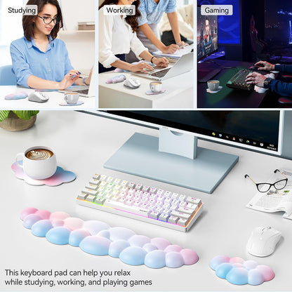 Cloud Keyboard Wrist Rest Set, Cloud Wrist Rest with Non-Slip Base, PU Leather Wrist Pad for Keyboard with Ergonomic Memory Foam for Computer Laptop Office Gaming and Pain Relief, White