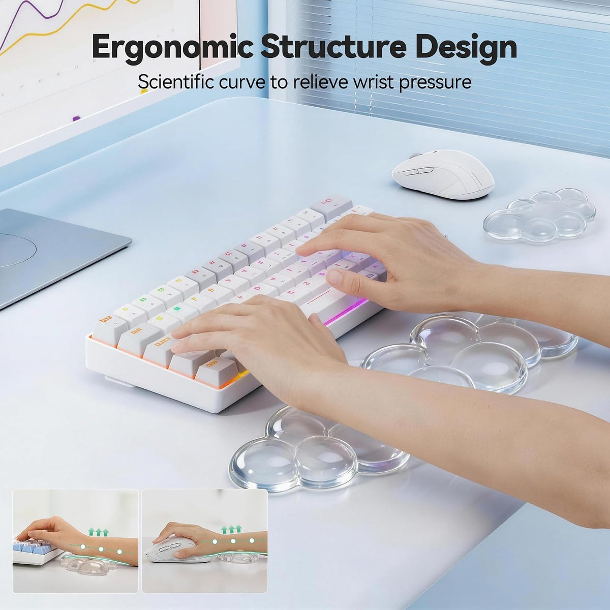 Cloud Keyboard Wrist Rest Set, Cloud Wrist Rest with Non-Slip Base, PU Leather Wrist Pad for Keyboard with Ergonomic Memory Foam for Computer Laptop Office Gaming and Pain Relief, White